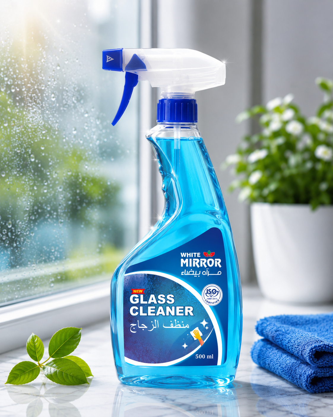 White Mirror Glass Cleaner spray bottle packaging and premium label design
