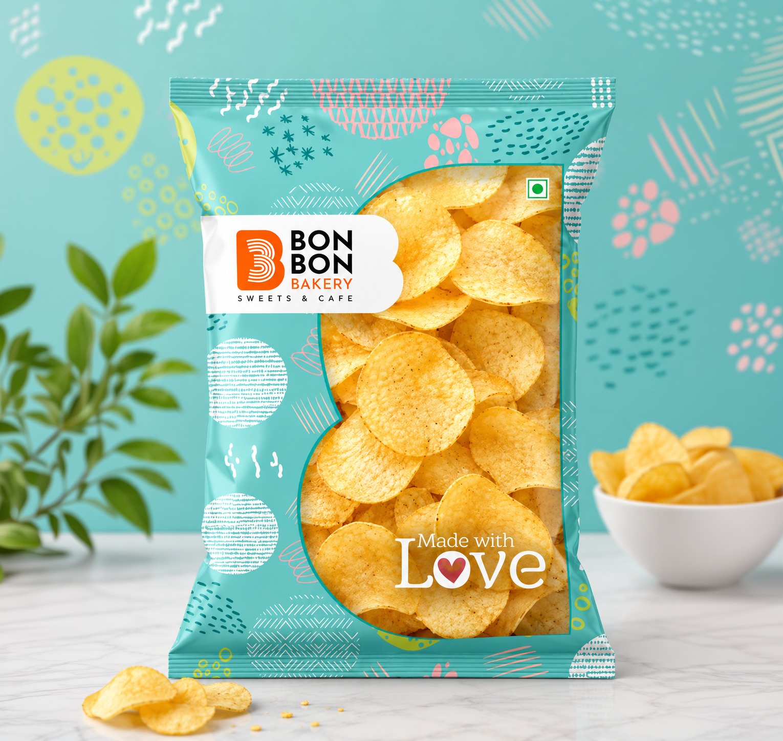 Bon Bon Bakery potato chips pouch packaging design with transparent product window