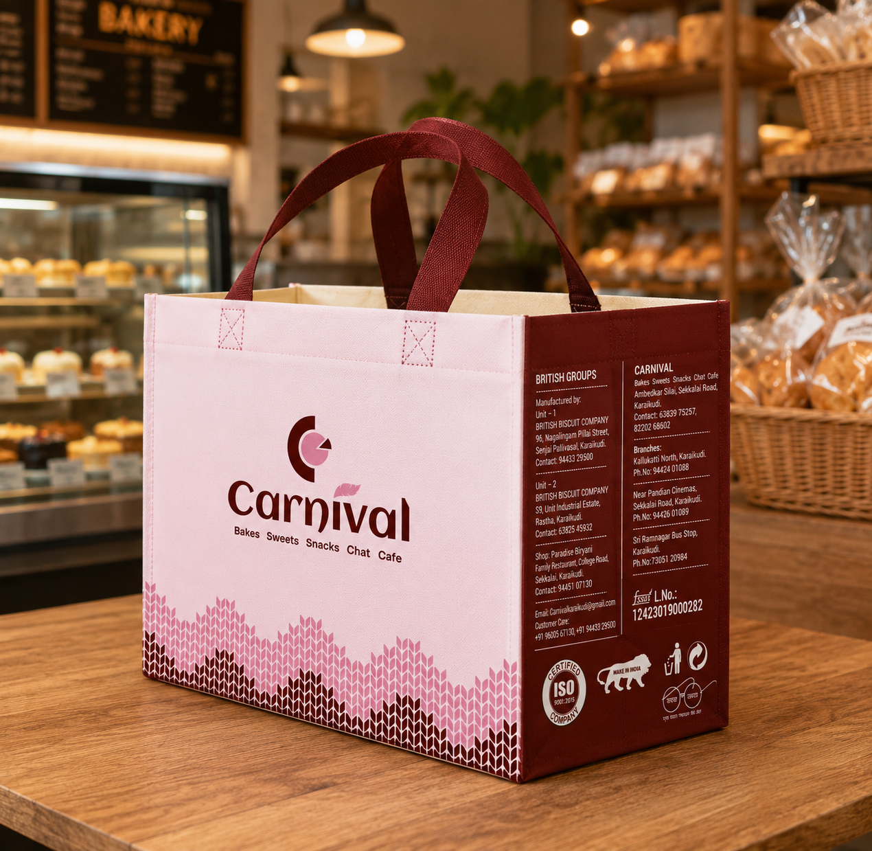 Carnival Bakery reusable shopping bag packaging design with premium retail branding