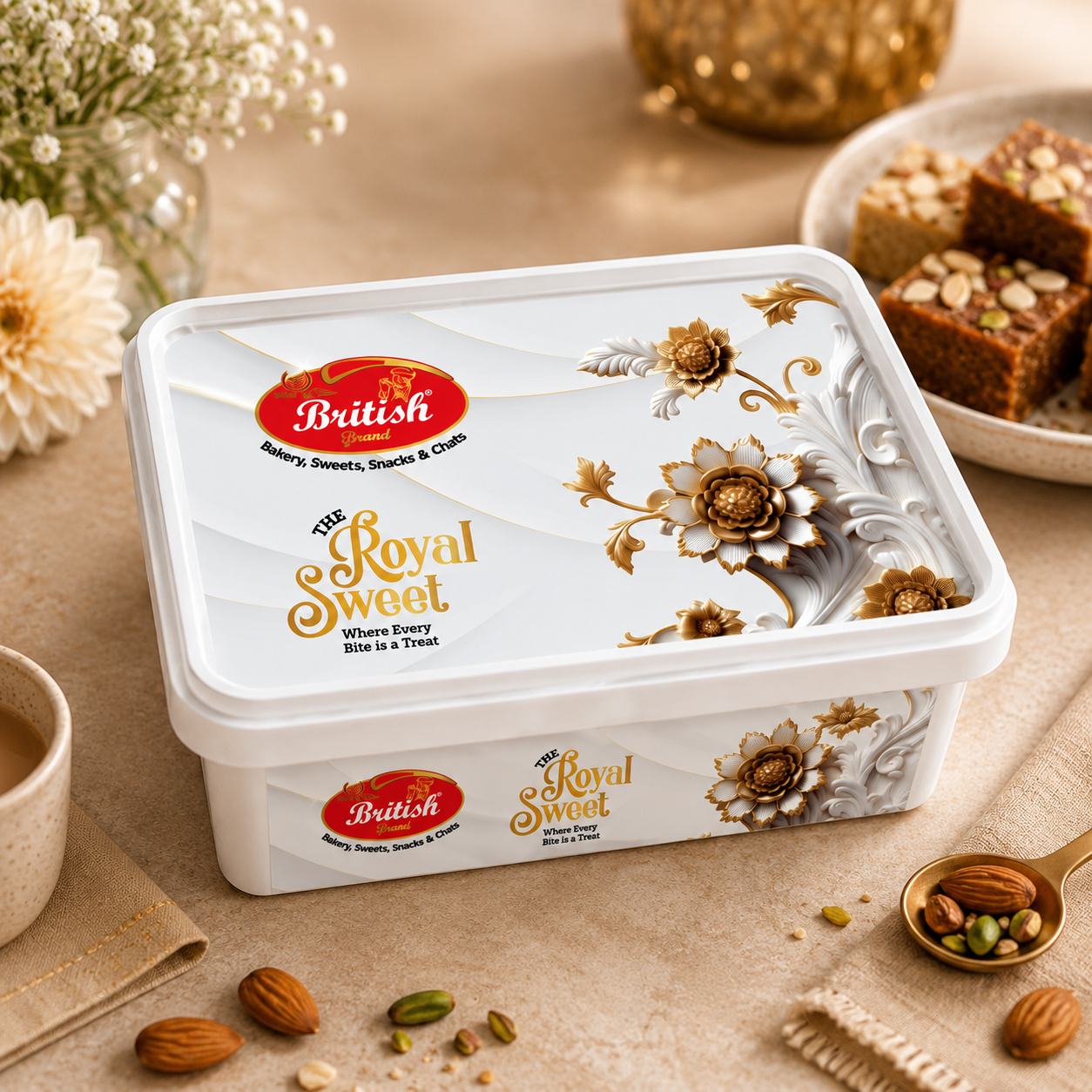 British Brand Royal Sweets premium plastic sweet box packaging design with elegant floral artwork