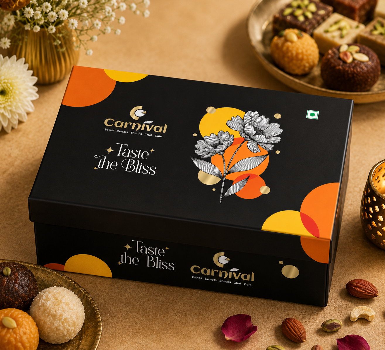 Carnival Bakery premium black sweet gift box packaging design with luxury gold branding