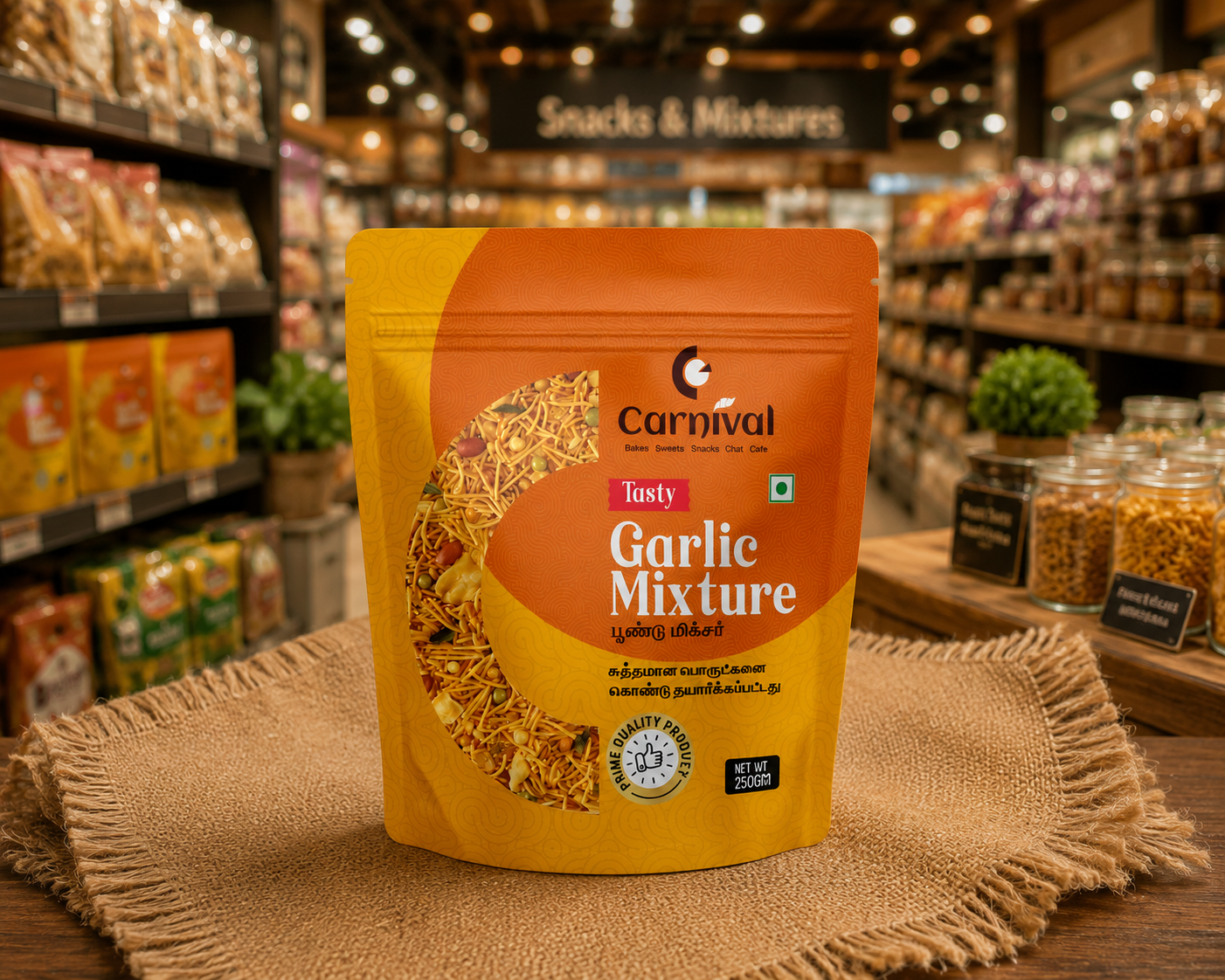 Carnival Bakery Garlic Mixture stand-up pouch packaging design with transparent product window
