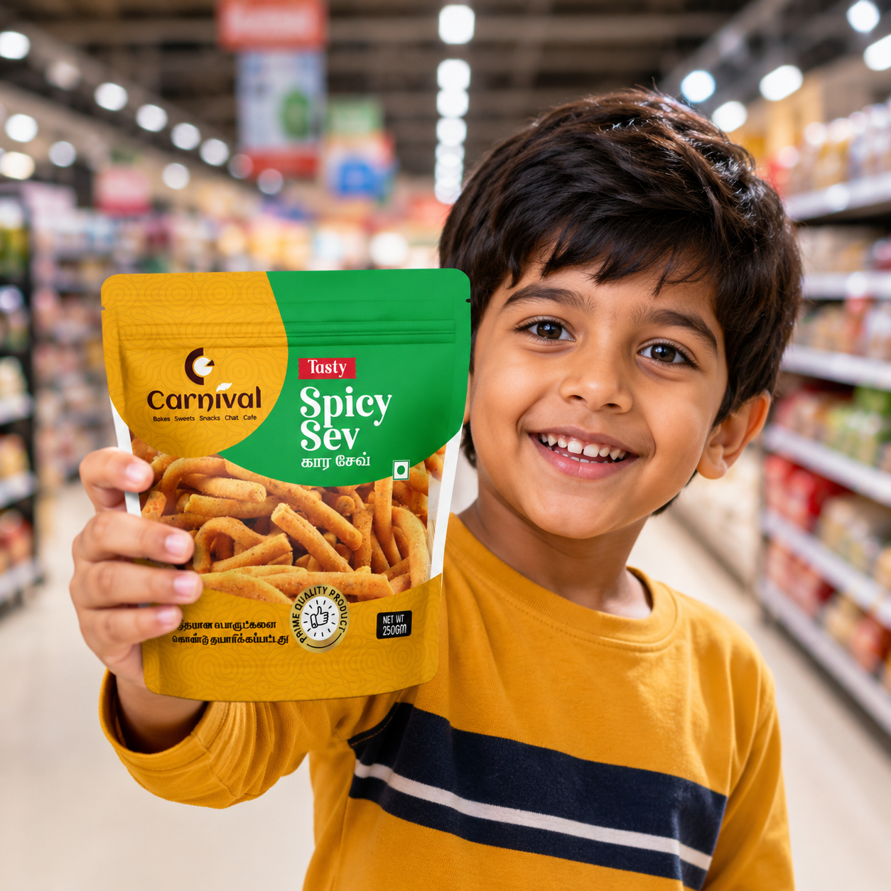 Carnival Bakery Spicy Sev stand-up pouch packaging displayed in a supermarket with a smiling child