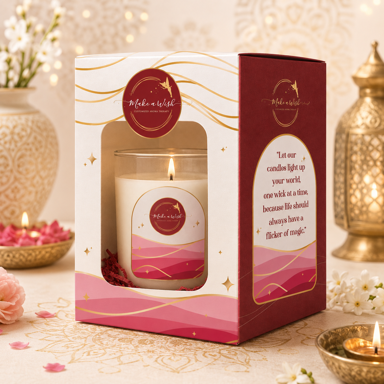 Make a Wish premium scented candle gift box packaging design with luxury window box presentation