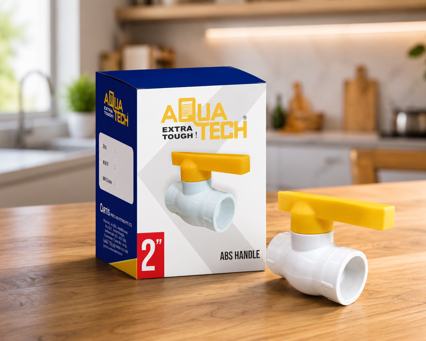 Aqua Tech PVC ball valve product box packaging design with industrial branding and retail product mockup