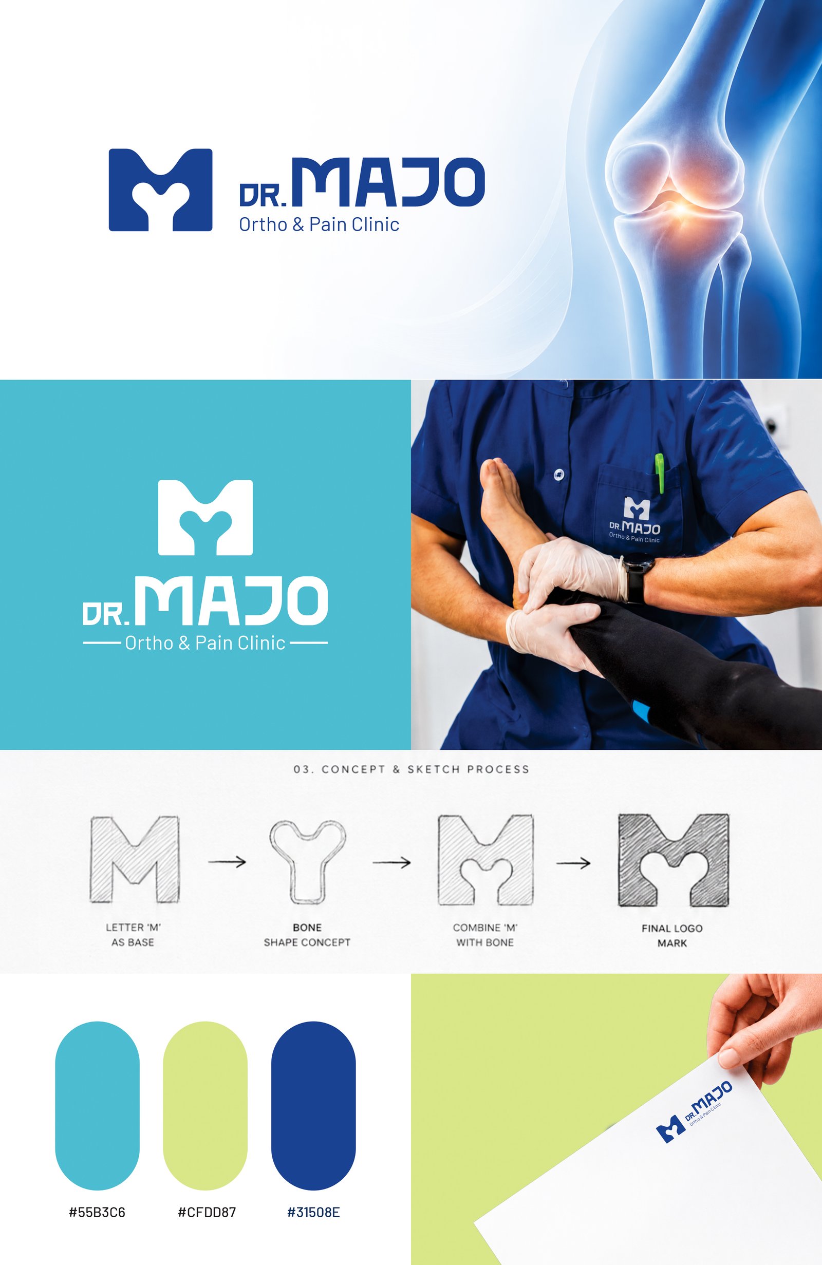 Dr. Majo Ortho & Pain Clinic logo design featuring an M monogram integrated with a bone symbol and complete healthcare brand identity presentation.
