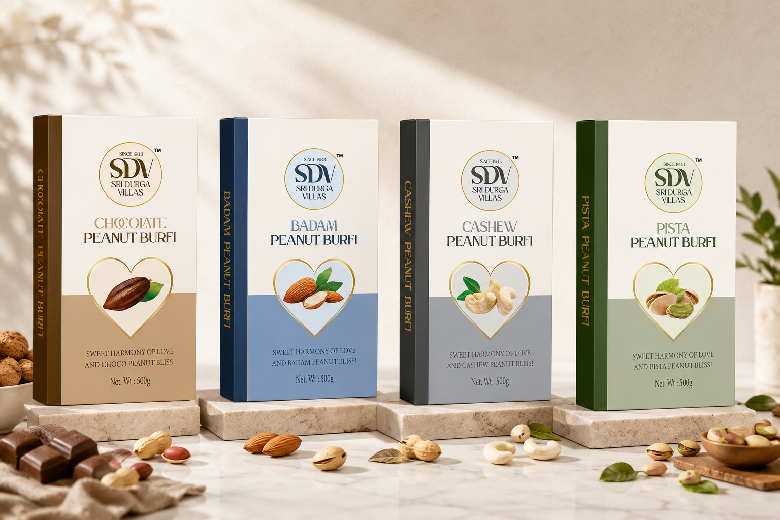 Sri Durga Villas premium Peanut Burfi packaging collection featuring Chocolate, Badam, Cashew, and Pista flavors in luxury sweet gift boxes with elegant commercial product mockup.