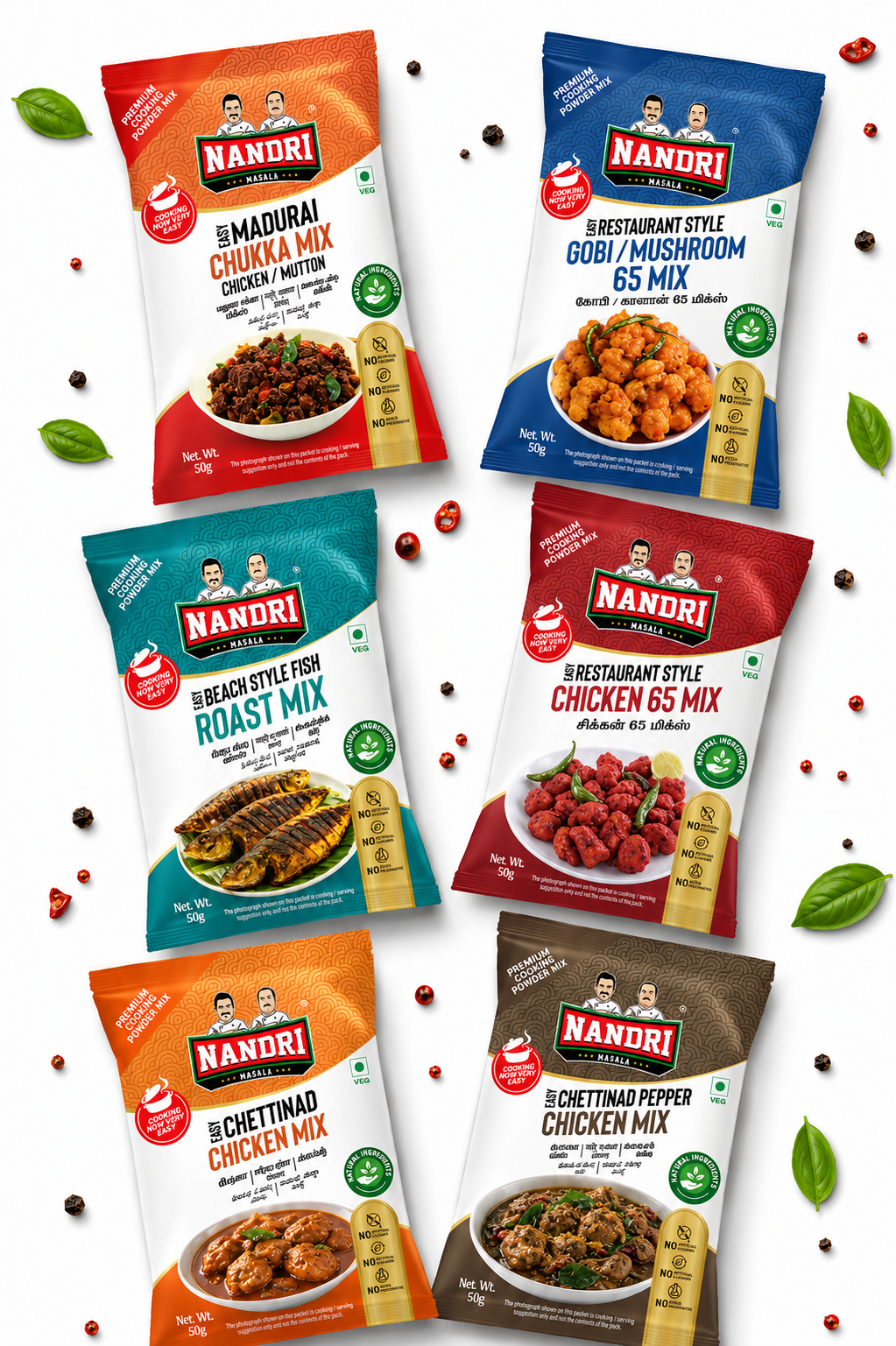 Nandri Masala premium cooking mix packaging collection featuring Madurai Chukka Mix, Gobi 65 Mix, Fish Roast Mix, Chicken 65 Mix, Chettinad Chicken Mix, and Chettinad Pepper Chicken Mix in colorful retail stand-up pouches.