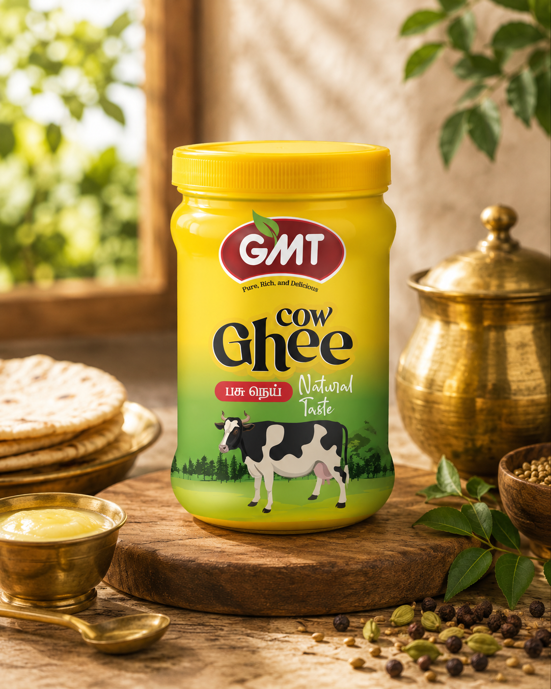 GMT Cow Ghee premium plastic jar packaging featuring farm-inspired label design, traditional Indian kitchen background, brass utensils, and realistic commercial product mockup.