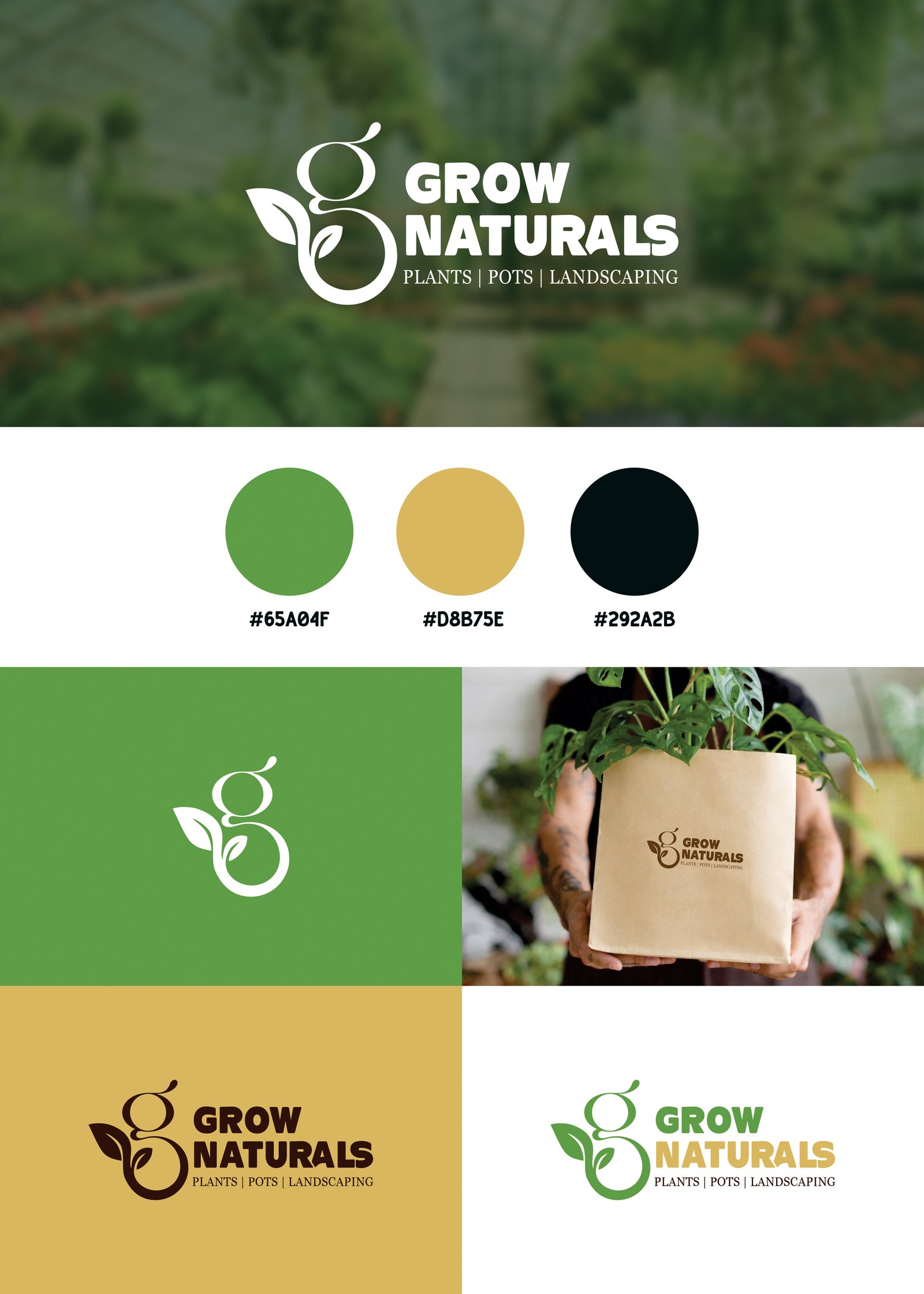 Grow Naturals logo and brand identity featuring a botanical G monogram, green and gold color palette, nursery branding, landscaping identity, and eco-friendly packaging mockup.
