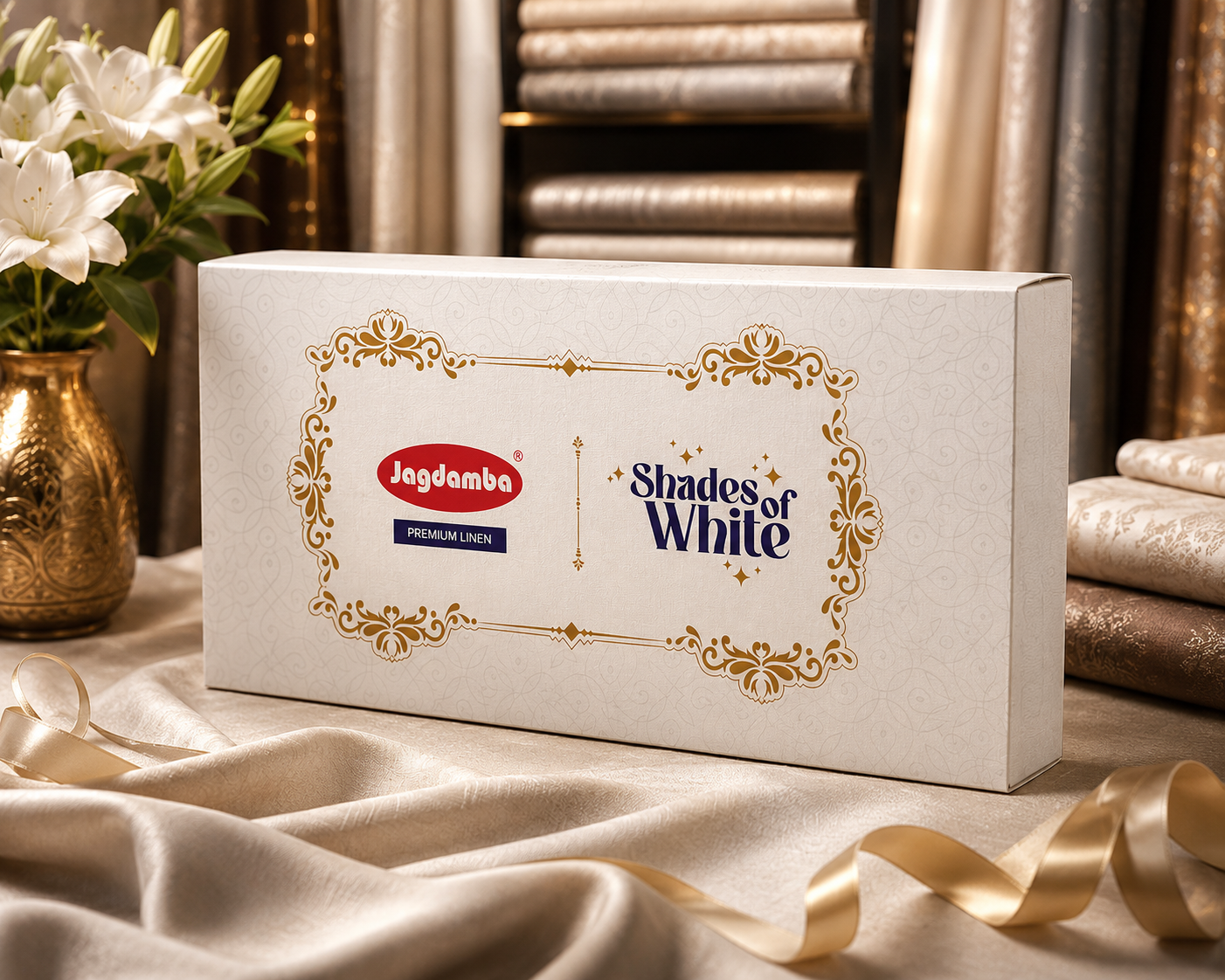 Luxury packaging box design for Jagdamba Premium Linen Shades of White collection featuring elegant gold ornamental borders, premium typography, and sophisticated textile gift box presentation.