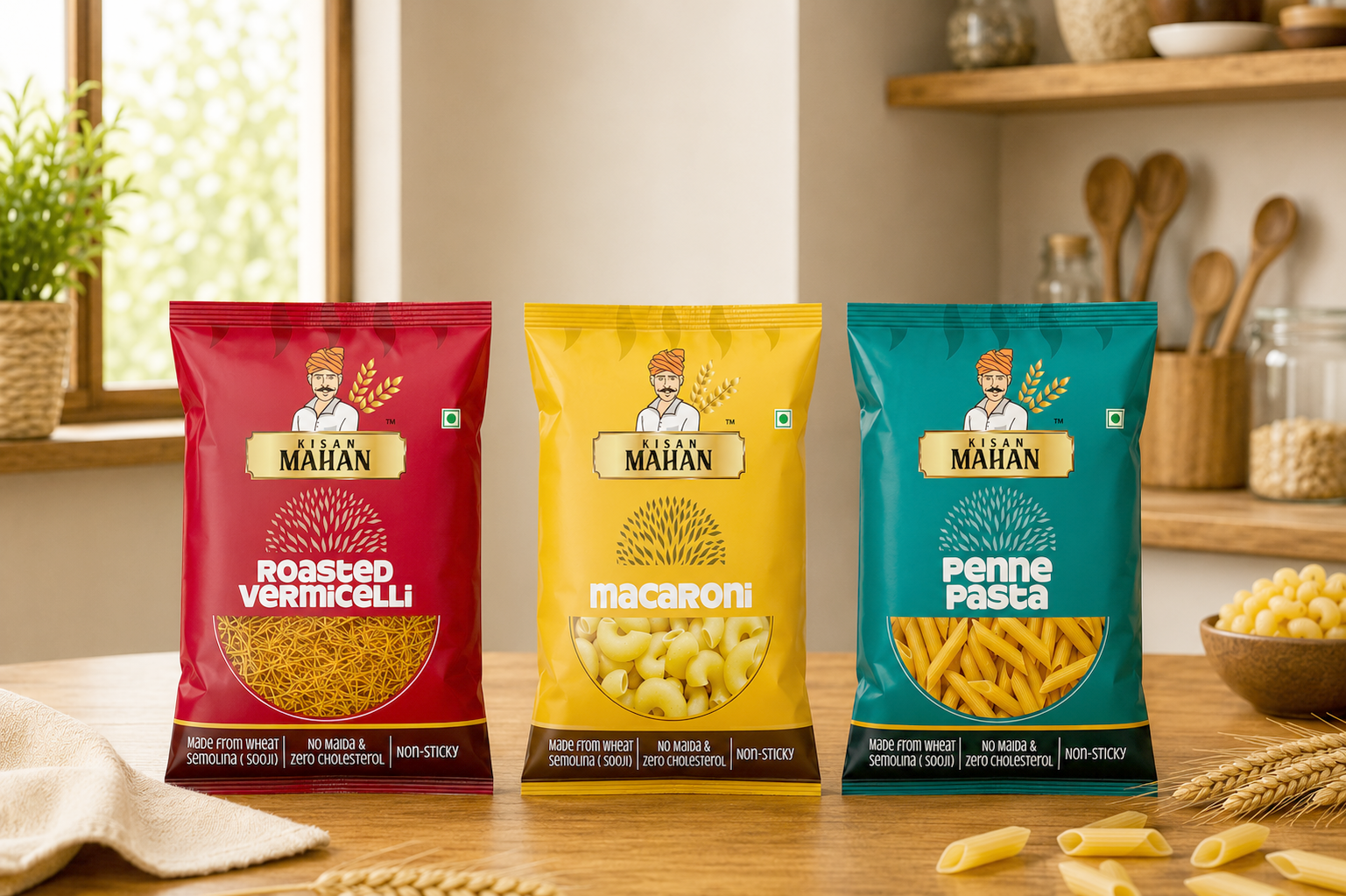 Kisan Mahan food packaging design collection featuring roasted vermicelli, macaroni, and penne pasta with colorful premium packaging, transparent product windows, and modern FMCG branding.
