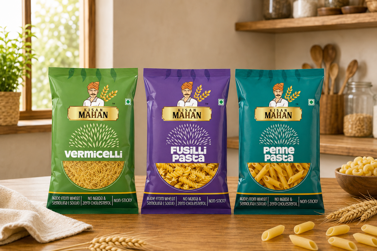 Kisan Mahan premium food packaging featuring vermicelli, fusilli pasta, and penne pasta in colorful stand-up pouches with transparent product windows and modern FMCG branding.