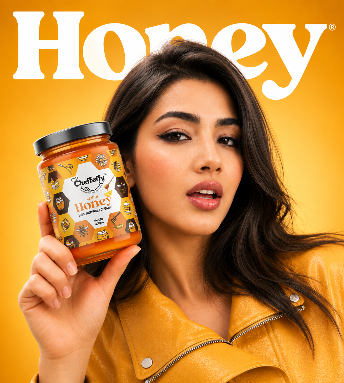 Premium advertisement poster for Chefsoffy Honey featuring a lifestyle model holding a honey jar with vibrant golden background and modern commercial food branding.