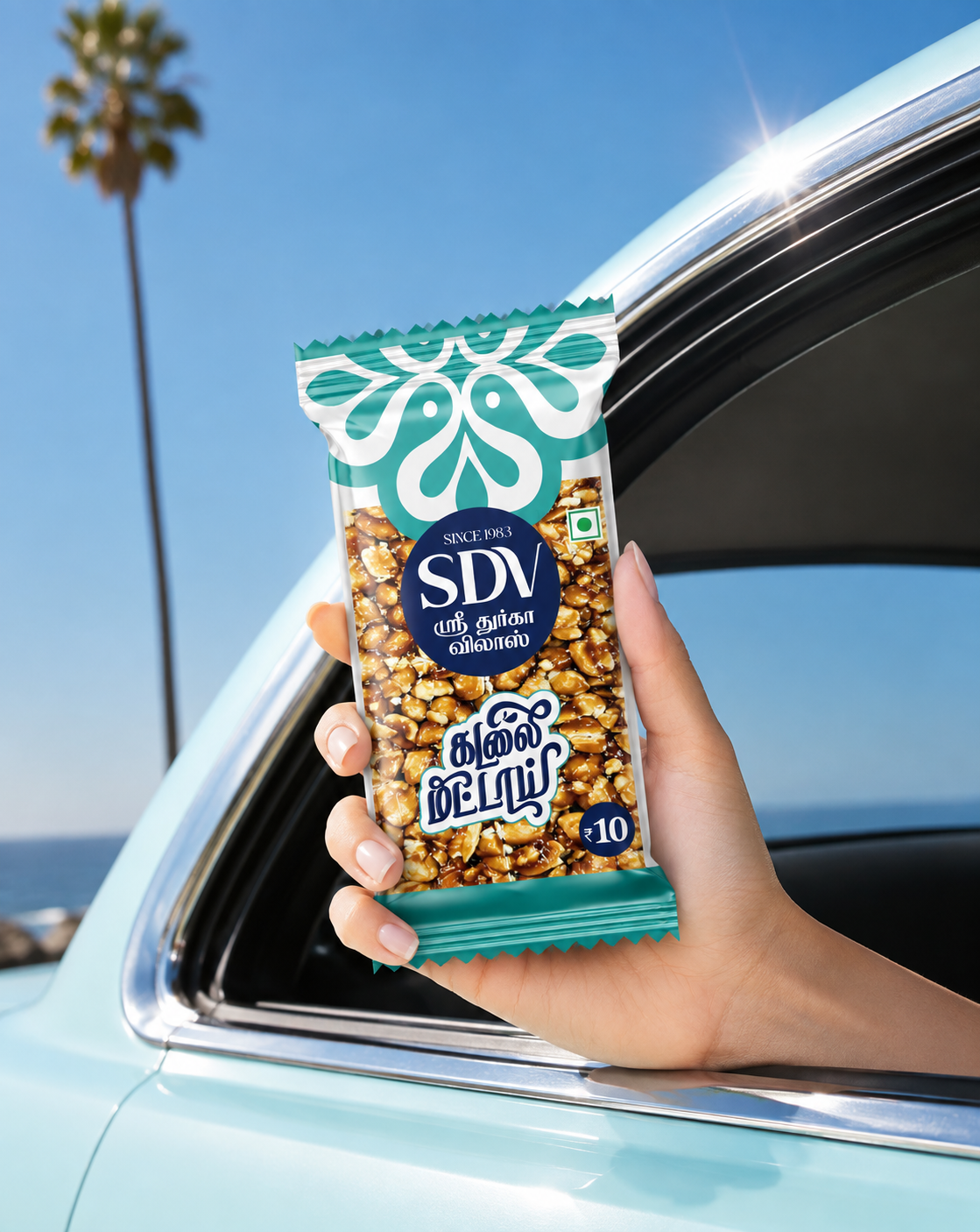 Premium SDV Sri Durga Villas peanut chikki packaging design featuring transparent snack wrapper, Tamil branding, modern FMCG packaging, and lifestyle promotional presentation.