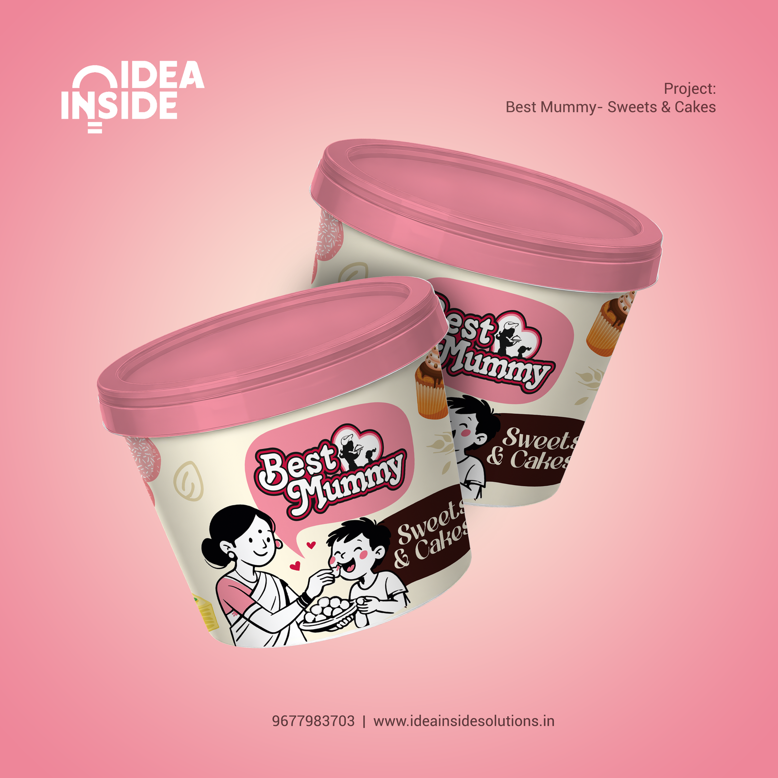 Best Mummy Sweets & Cakes packaging design featuring pink food tubs, mother and child illustration, bakery branding and custom sweets packaging.